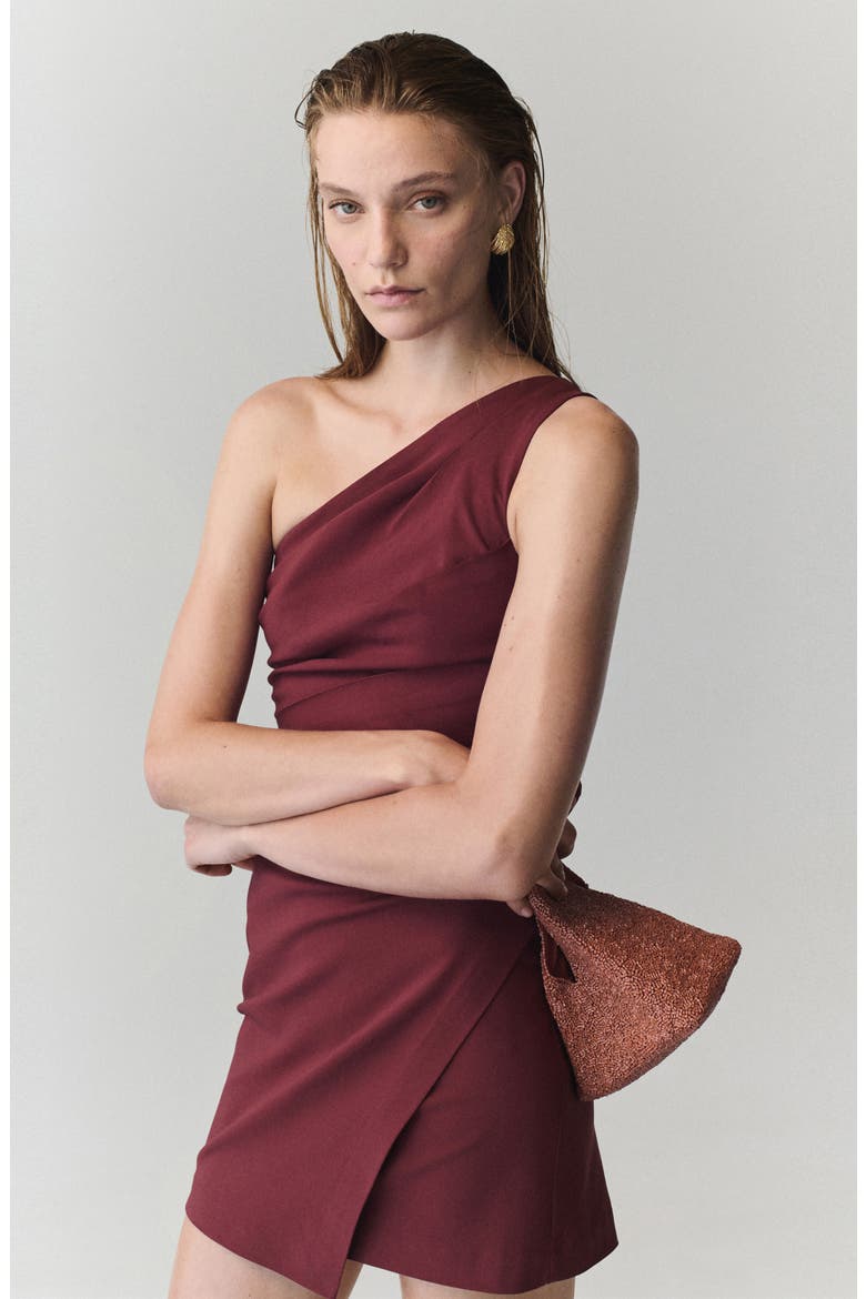 Pleated Asymmetric One-Shoulder Dress, Alternate, color, BURGUNDY
