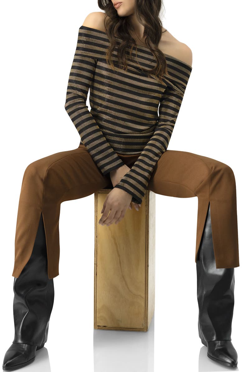 IVONNE Bardot Neckline Striped Long Sleeve Blouse, Alternate, color, Black