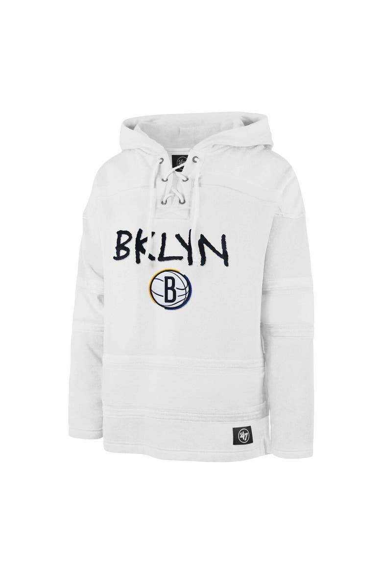 Men's '47 White Brooklyn Nets 2022/23 Pregame MVP Lacer Pullover Hoodie - City Edition, Alternate, color, White