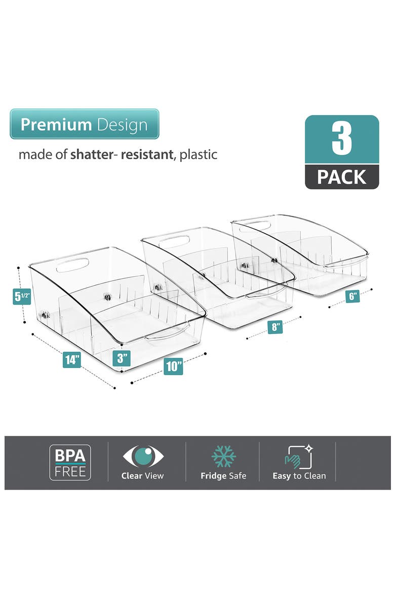 Set of 3 Rolling Fridge Bins, Alternate, color, CLEAR