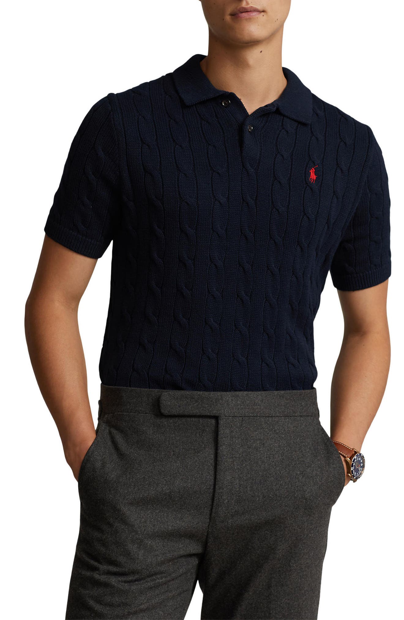 Cable-Knit Cotton Polo Sweater