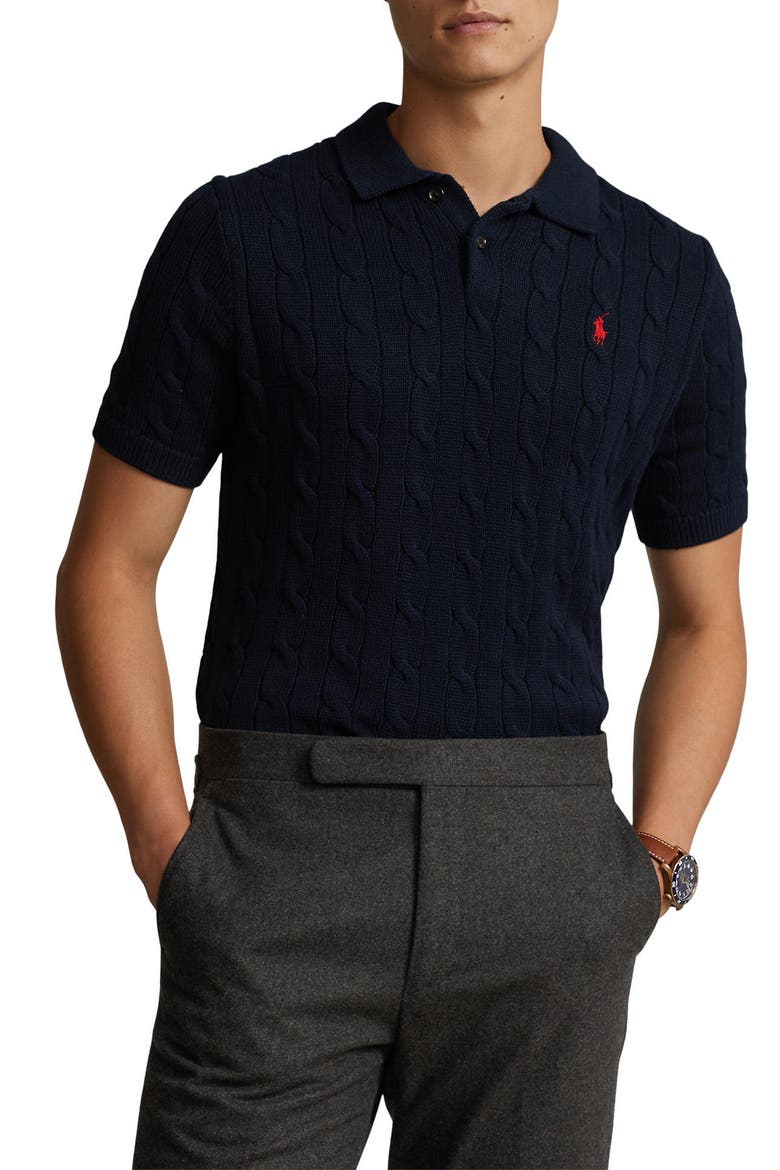 Cable-Knit Cotton Polo Sweater, Main, color, HUNTER NAVY