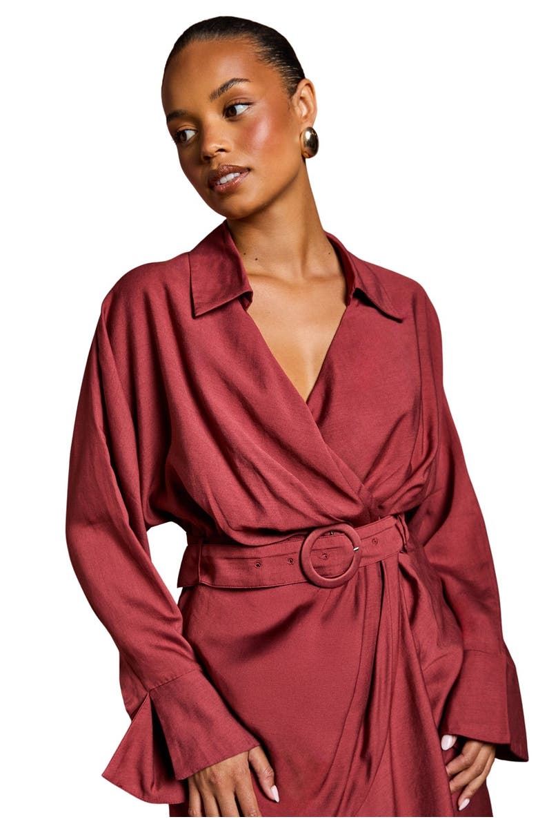 Coast Petite Long Sleeve Belted Wrap Dress, Alternate, color, Burgundy