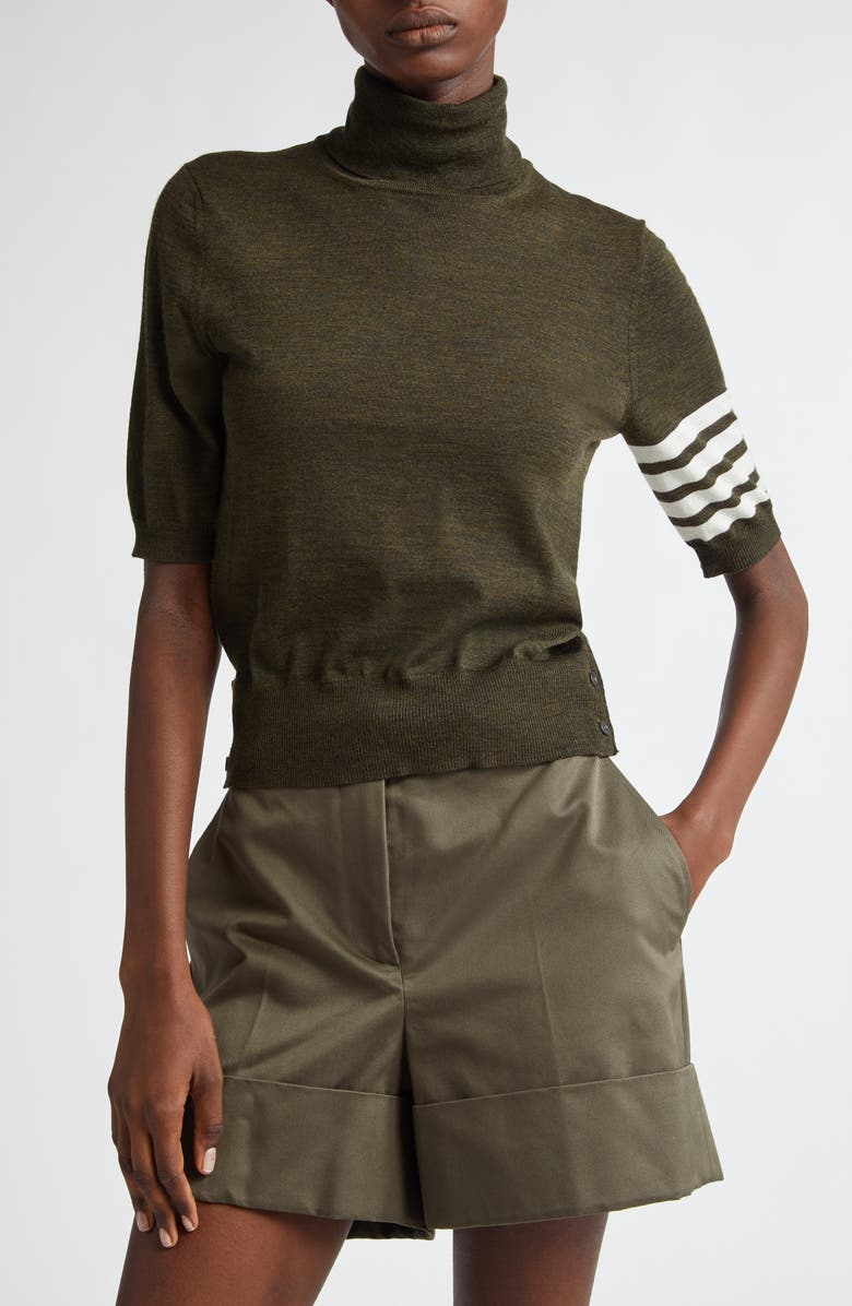 Thom Browne Relaxed Fit 4-Bar Short Sleeve Virgin Wool Blend Turtleneck Sweater, Main, color,
