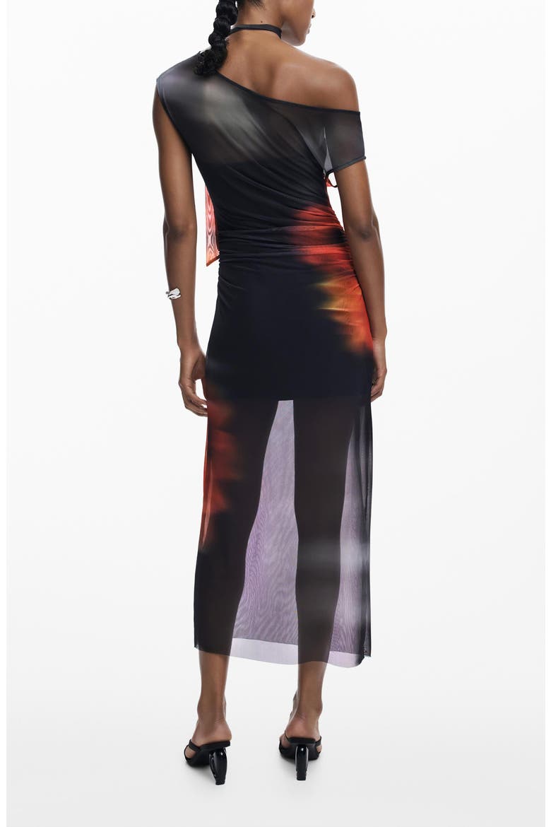 Carolina One Shoulder Mesh Midi Dress, Alternate, color, BLACK