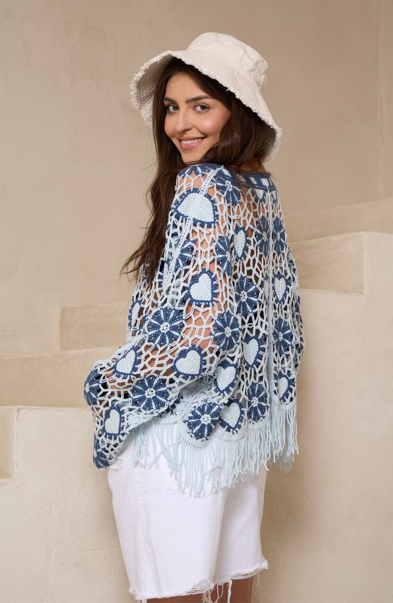 SAACHI Heart Fringe Trim Crochet Poncho, Alternate, color, Blue