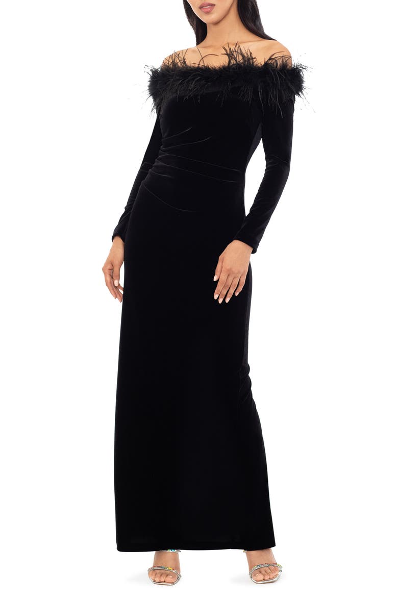 Feather Trim Off the Shoulder Long Sleeve Scuba Maxi Dress, Alternate, color, BLACK