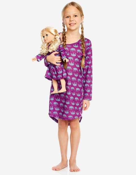 Girls Long Sleeve Nightgown with Matching Doll Nightgown, Printed Design