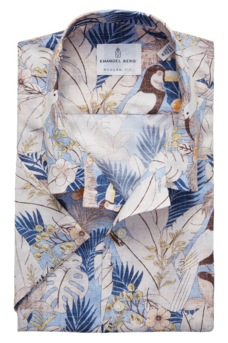 Modern Fit Floral Short Sleeve Cotton & Linen Blend Button-Up Shirt, Main, color, BLUE