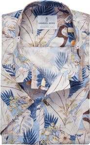 Emanuel Berg Modern Fit Floral Short Sleeve Cotton & Linen Blend Button-Up Shirt
