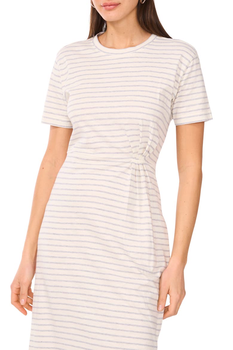 Stripe Pleated Side Cotton T-Shirt Dress, Alternate, color, LIGHT HEATHER GREY