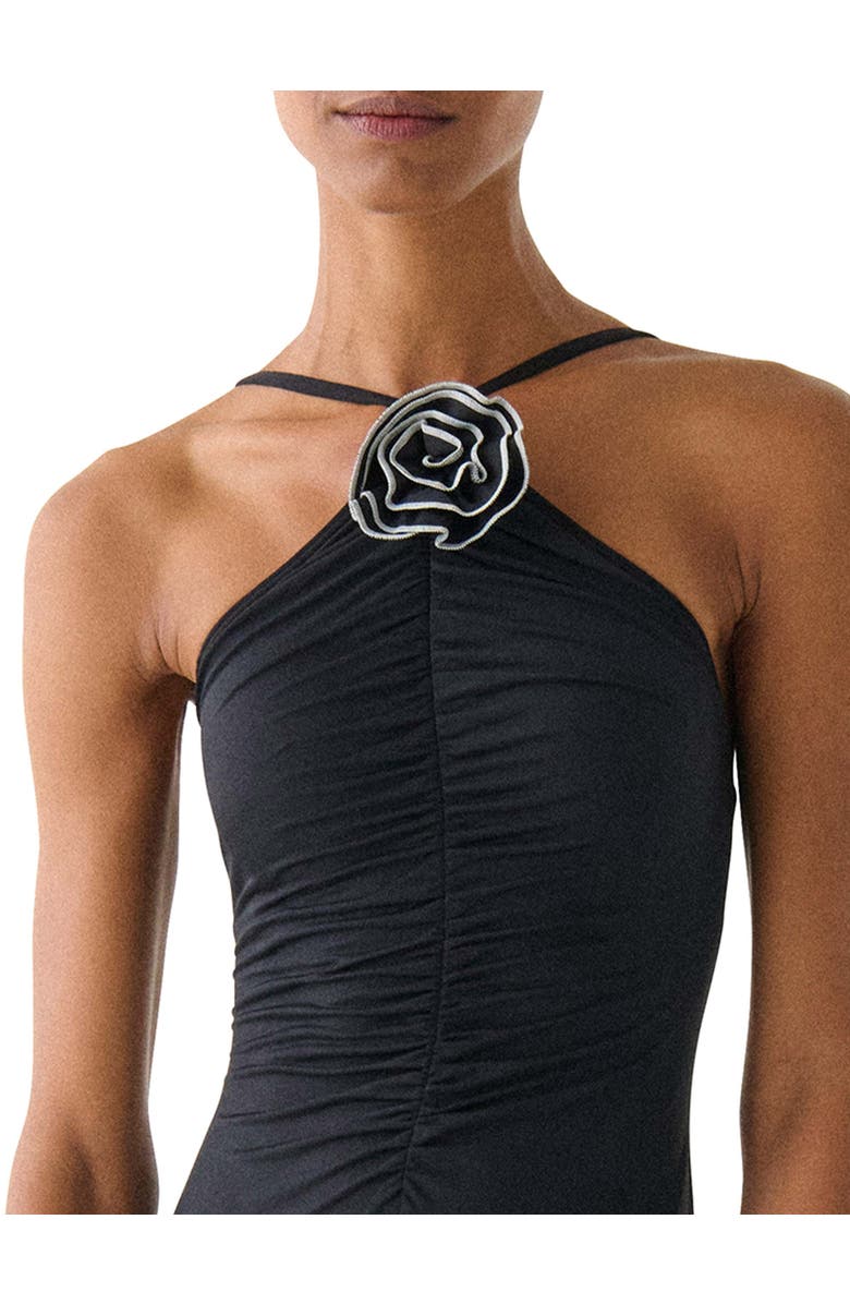 Kate Spade New York Contrast Rosette Solids High Neck One Piece Swimsuit, Alternate, color, Black