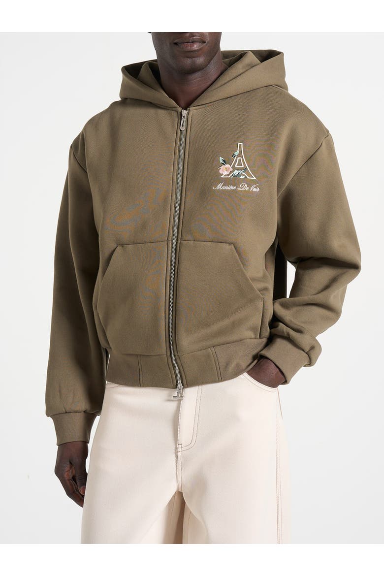 Unisex Floral Eiffel Zip Hoodie, Alternate, color, Olive