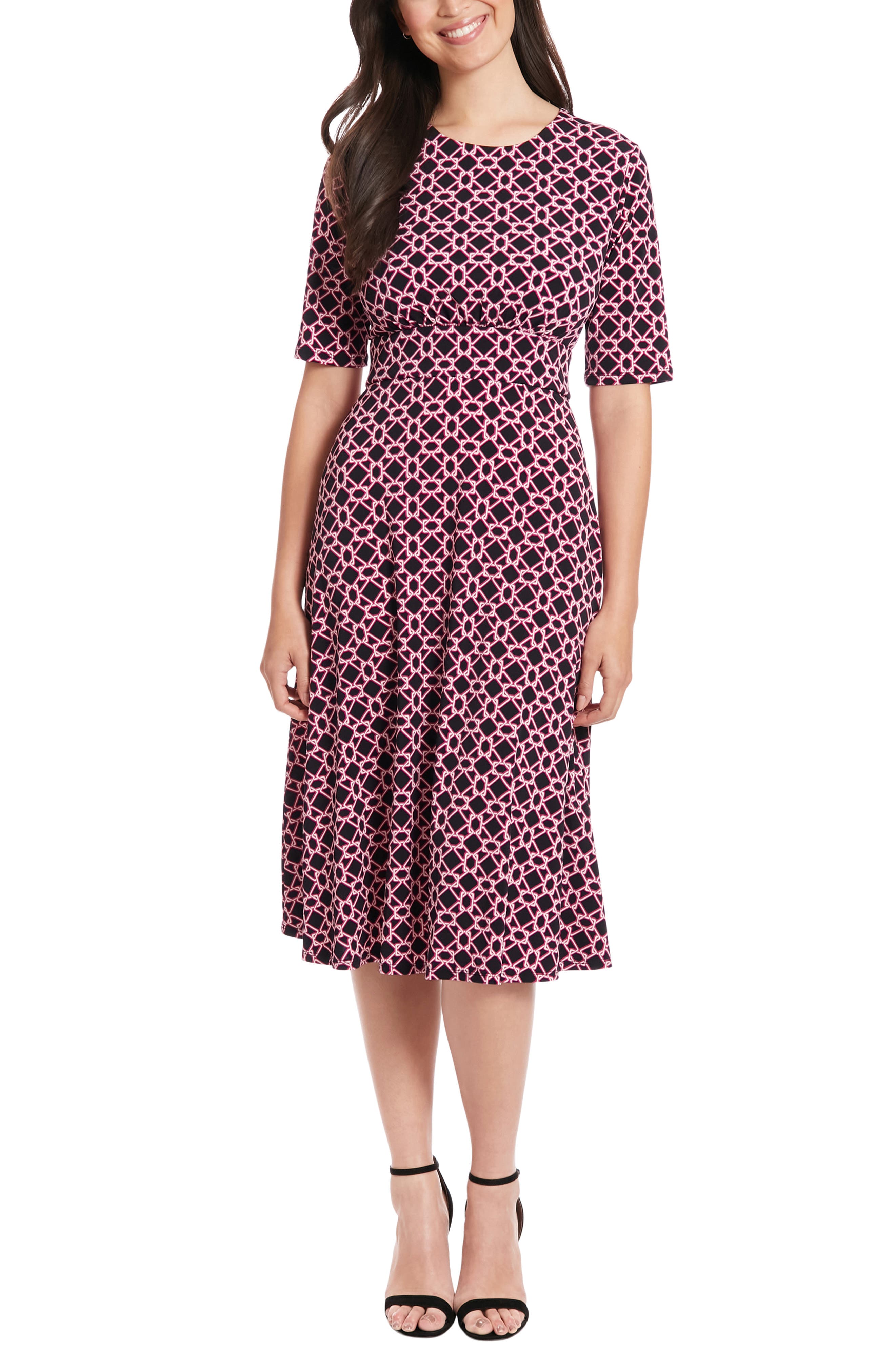 London Times Geo Print Elbow Sleeve Fit &amp; Flare Dress
