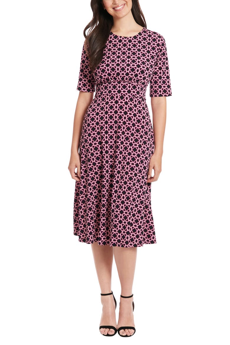 Geo Print Elbow Sleeve Fit & Flare Dress, Main, color, BLACK/ PINK
