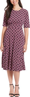 London Times Geo Print Elbow Sleeve Fit & Flare Dress