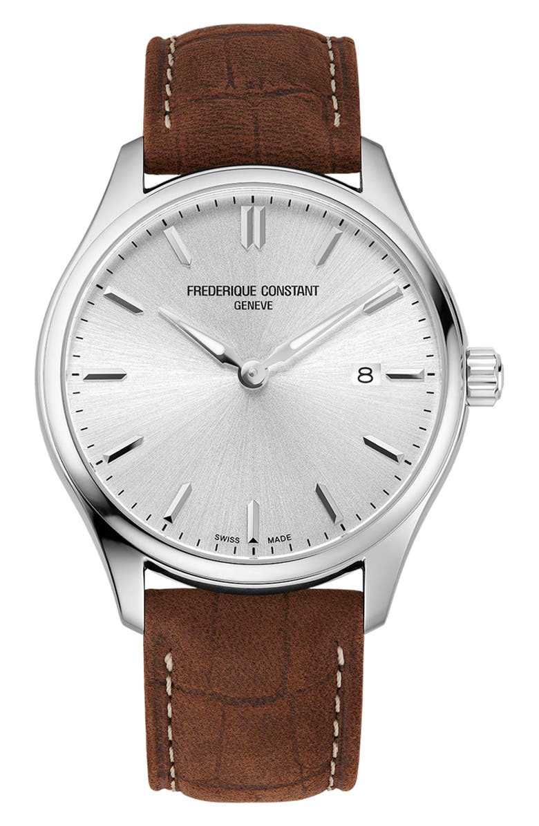 FREDERIQUE CONSTANT Classic Leather Strap Watch, 40mm, Main, color, Silver-Tone