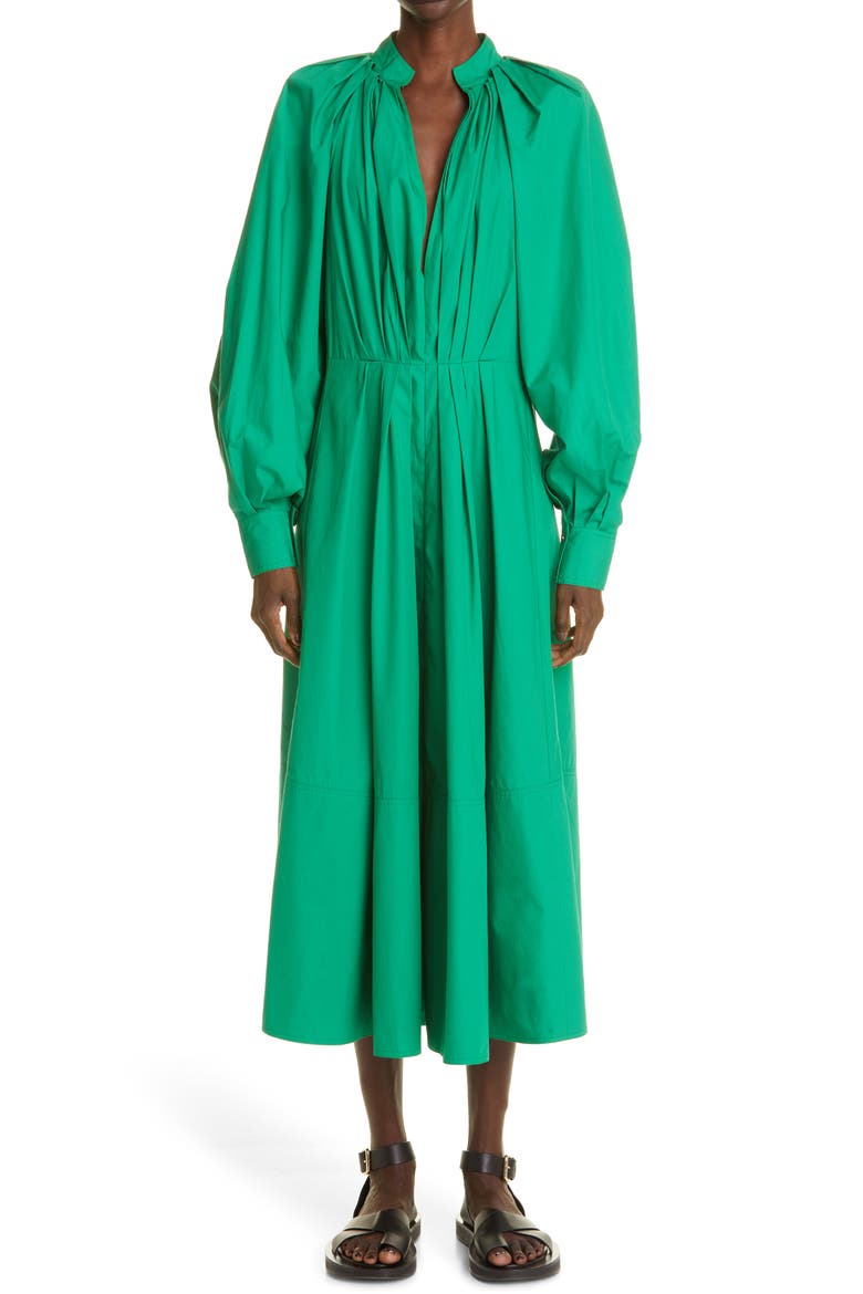 Pleated Long Sleeve Organic Cotton Poplin Midi Dress, Main, color, GREEN