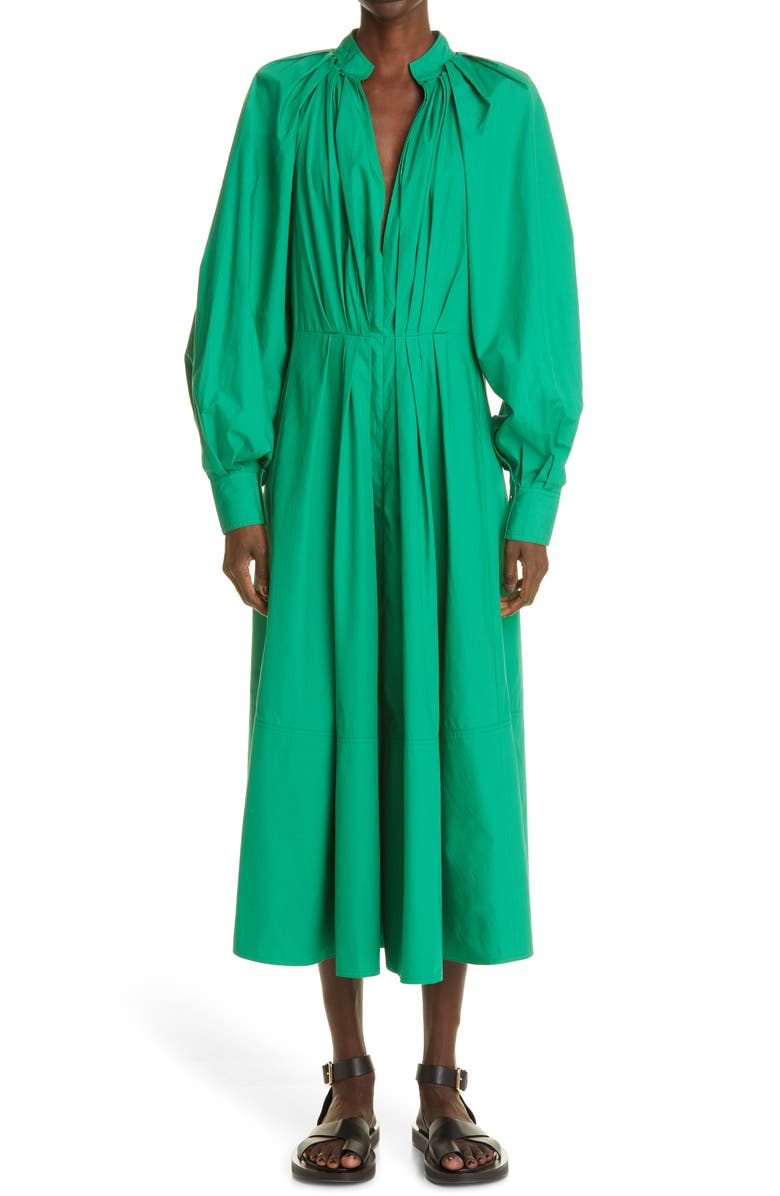 CO Pleated Long Sleeve Organic Cotton Poplin Midi Dress, Main, color,