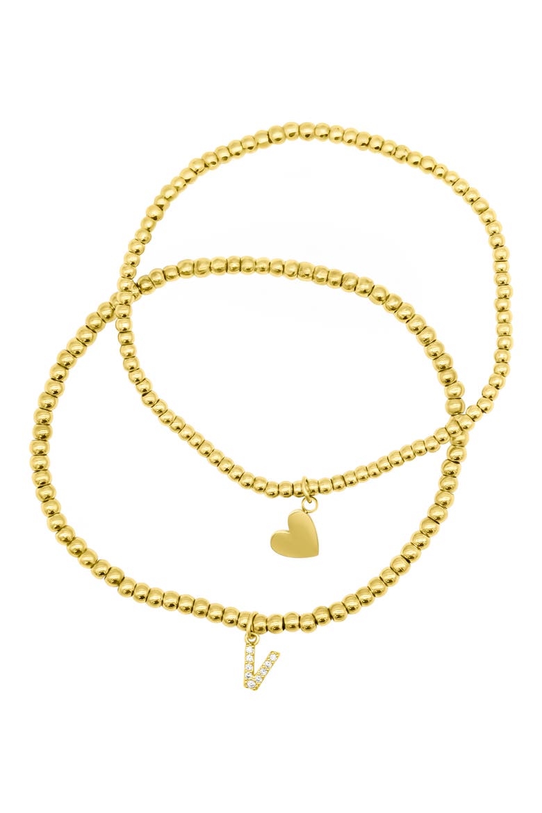 Initial & Heart 2-Pack Stretch Bracelets, Main, color, GOLD-V