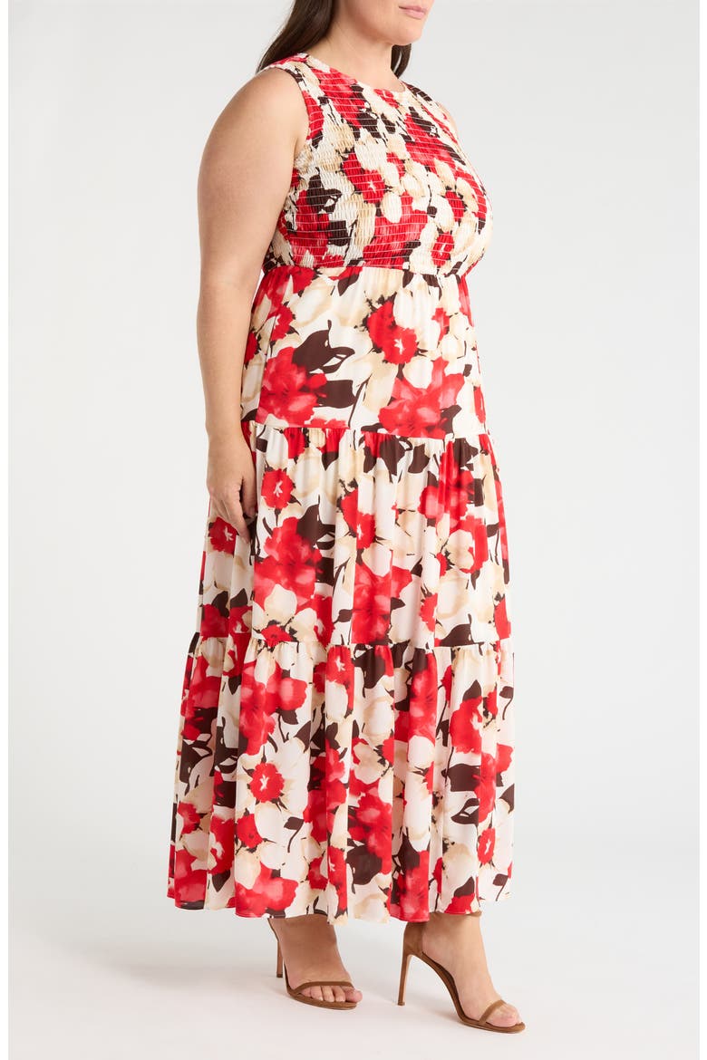 Print Smocked Bodice Tiered Maxi Dress, Alternate, color, WHITE DOVE MULTI