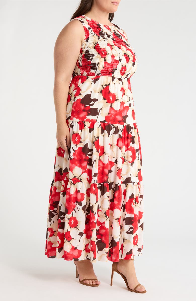 Anne Klein Print Smocked Bodice Tiered Maxi Dress, Alternate, color, White Dove Multi