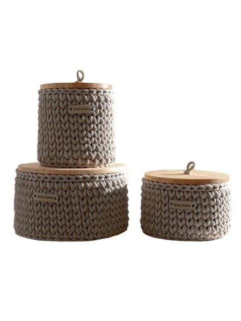 Round Storage Baskets w/ Wooden Lid Recycled - Set of 3