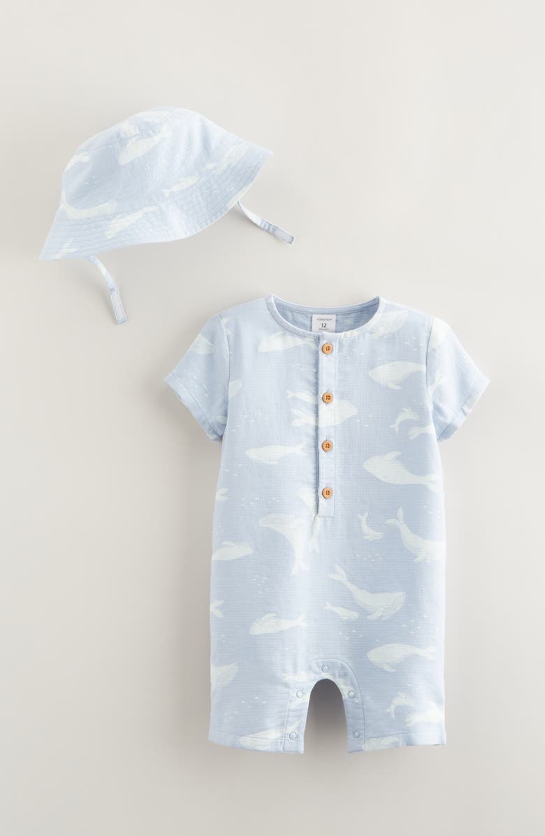 Nordstrom Print Cotton Henley Romper & Hat Set, Main, color, Blue Fog Whale Party