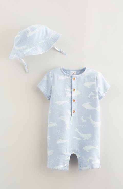 Print Cotton Henley Romper & Hat Set (Baby)
