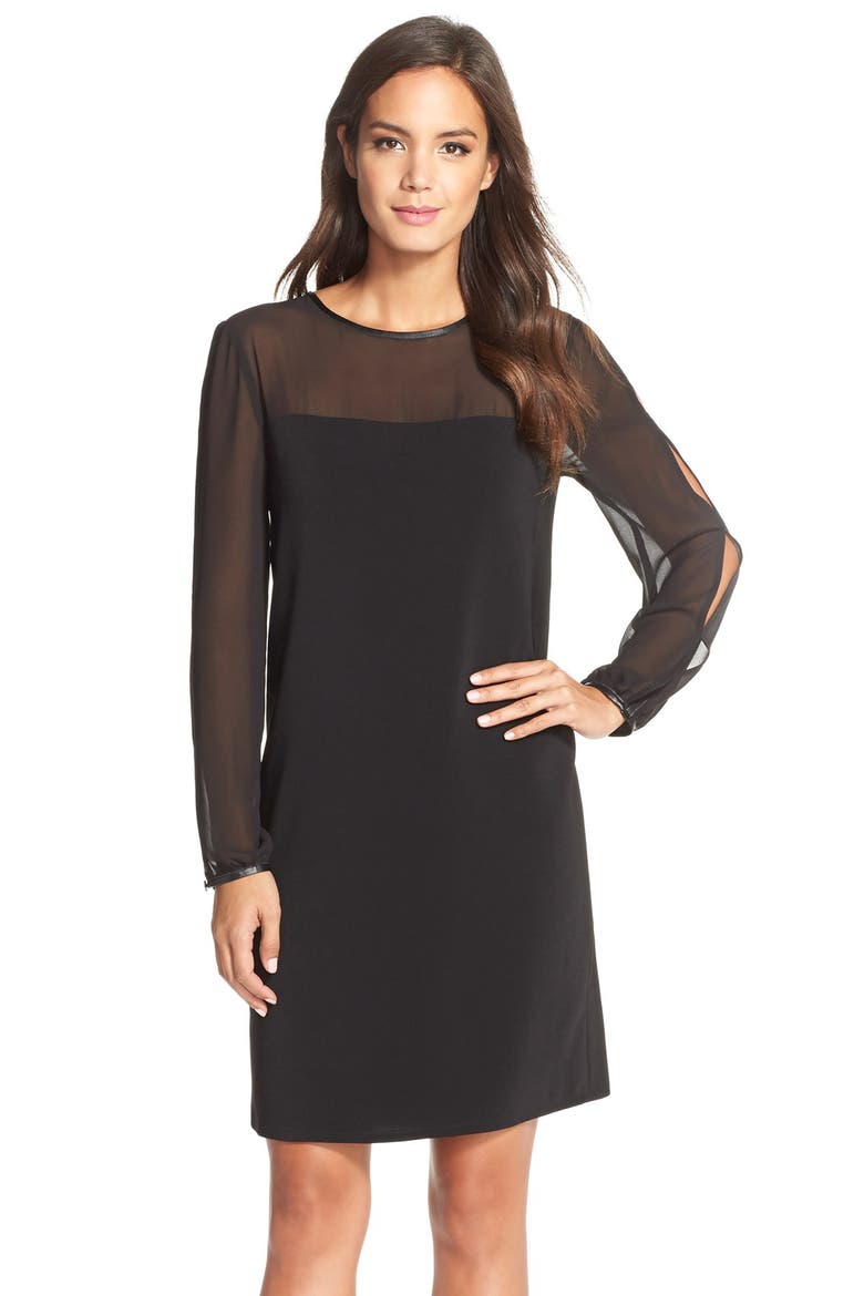 Chiffon & Crepe Shift Dress, Main, color, BLACK