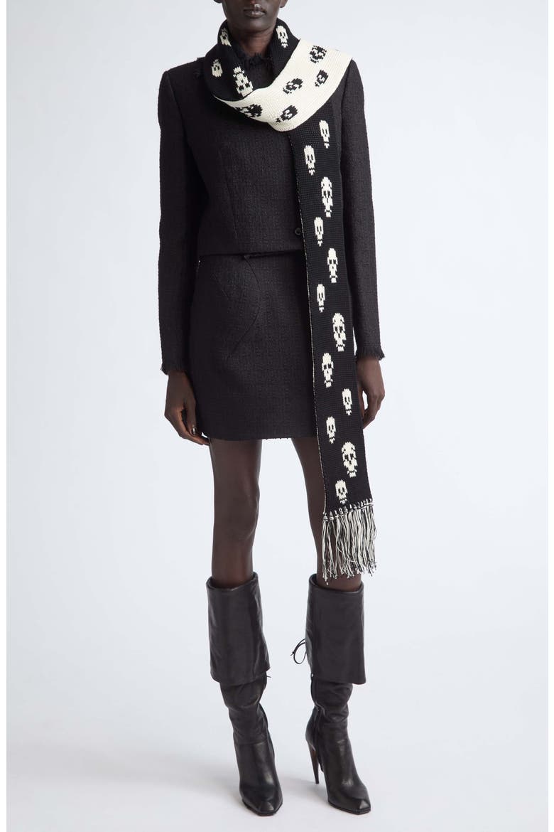 Skull Jacquard Fringe Scarf, Main, color, BLACK/ IVORY