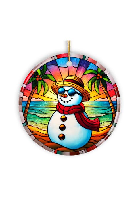 Beach Sunset Snowman Stained Glass Style Ornament
