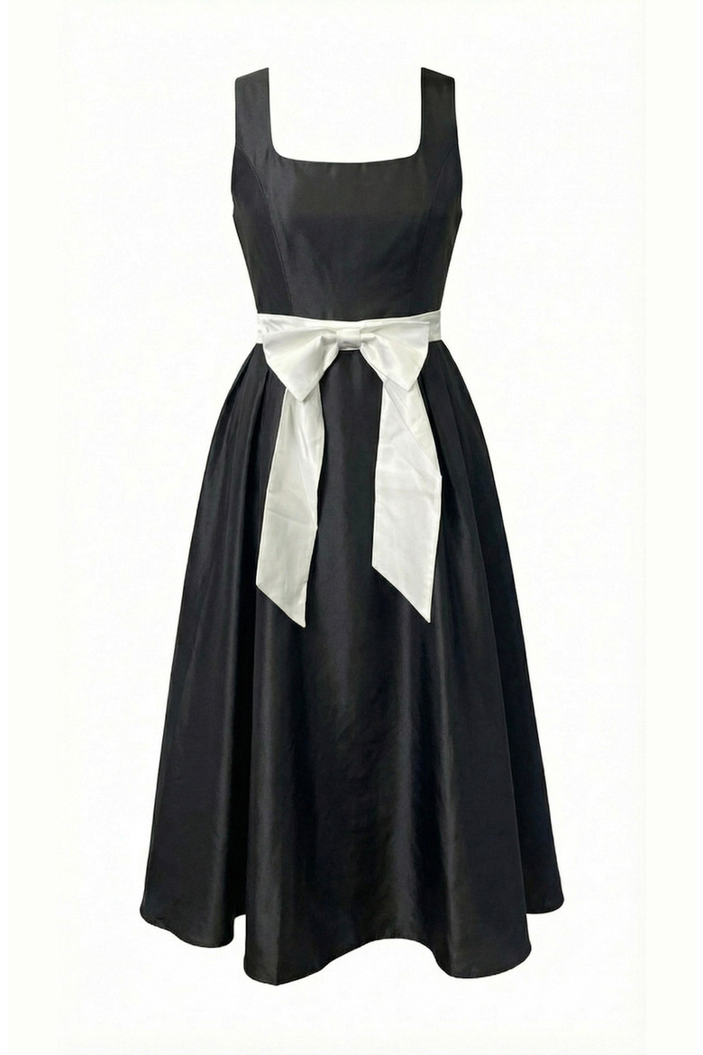 Sleeveless Contrast Bow Midi Dress, Alternate, color, Black / Cream