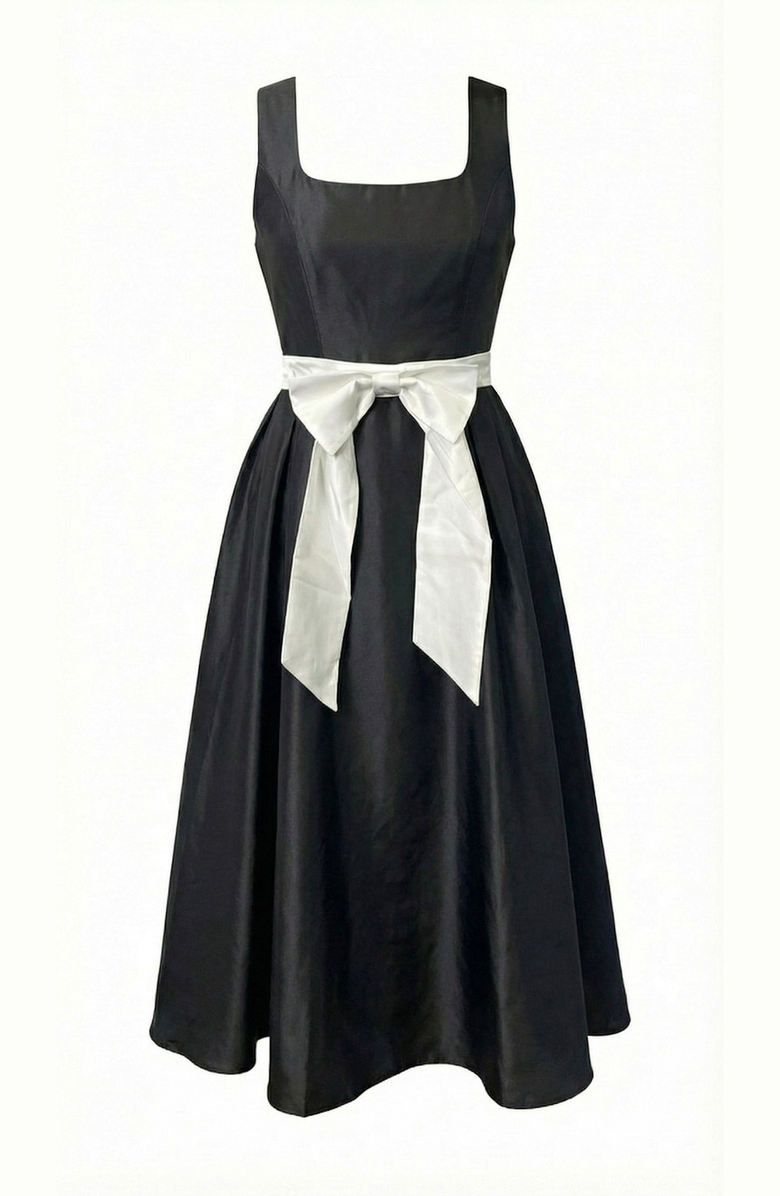 Modenaire Sleeveless Contrast Bow Midi Dress, Alternate, color, Black / Cream