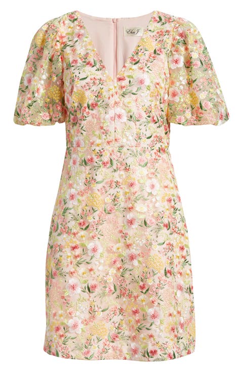 Embroidered Puff Sleeve Cocktail Dress