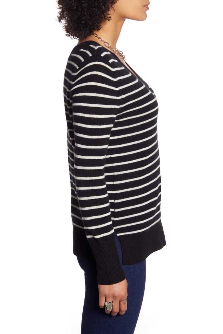 V-Neck Cashmere Sweater, Alternate, color, BLACK- IVORY UNEVEN STRIPE