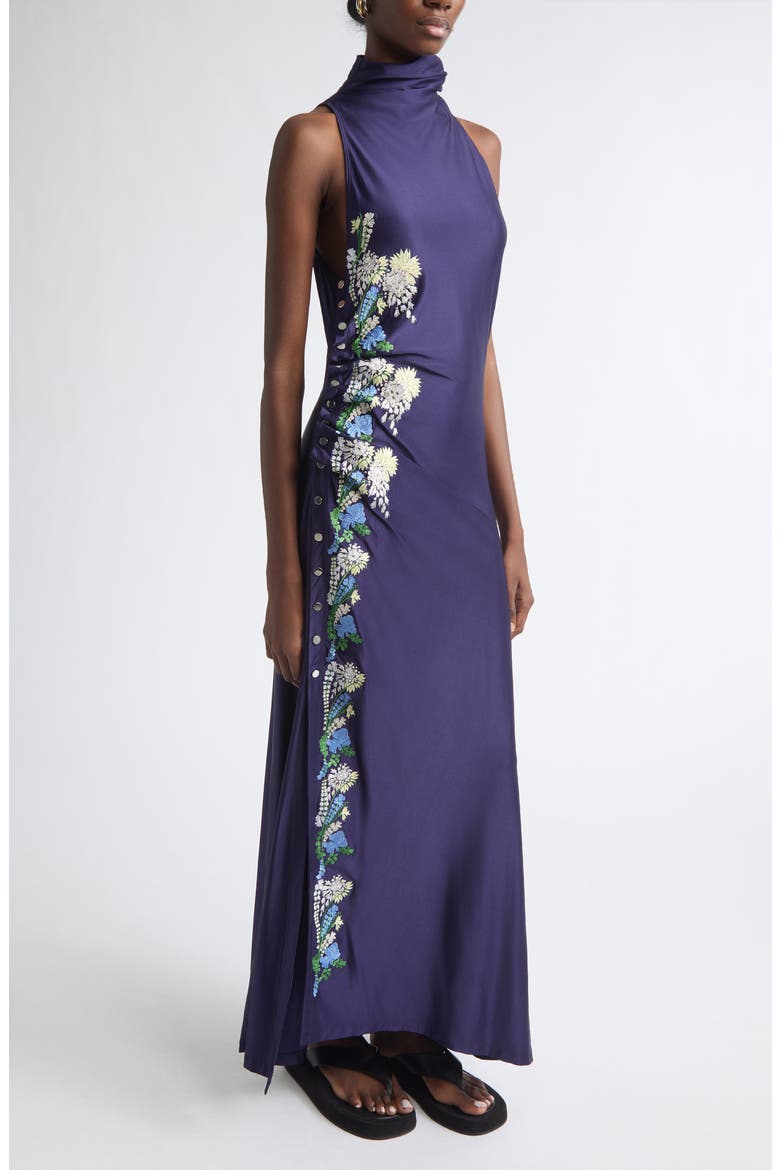 Embroidered Mock Neck Sleeveless Satin Gown, Alternate, color, SAILOR BLUE
