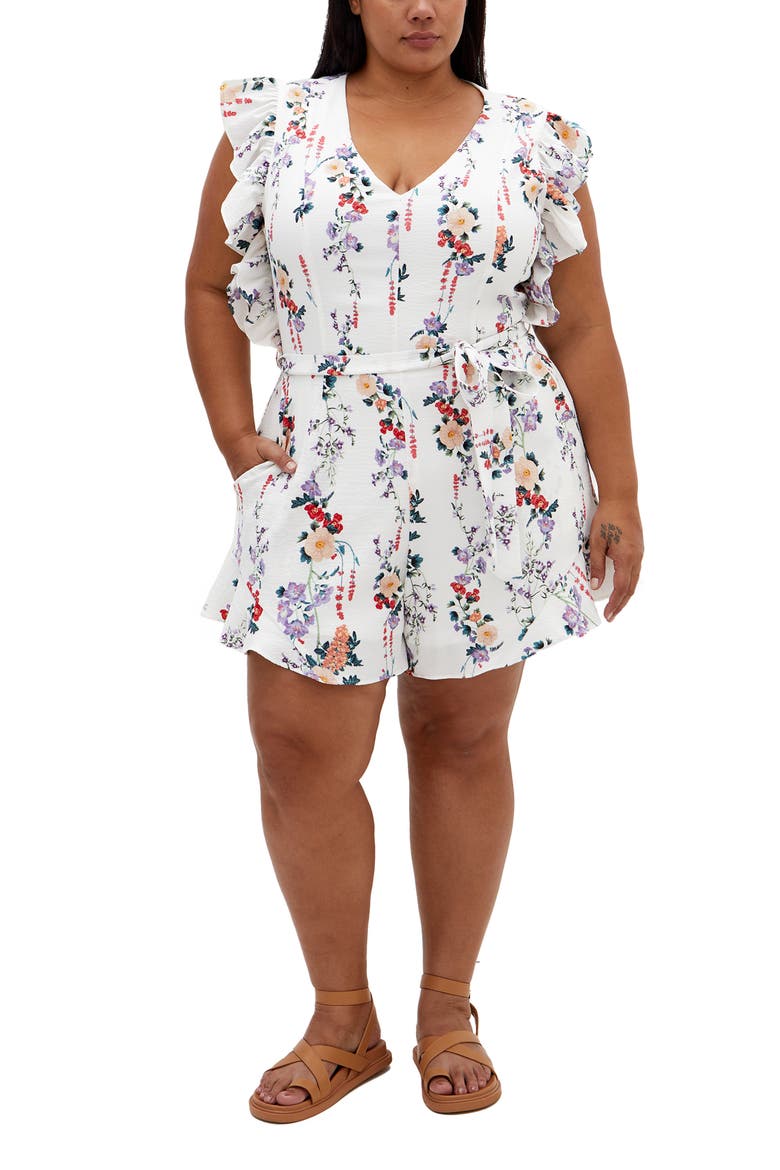 Fay Flutter Sleeve Tie Belt Romper, Main, color, FLORAL