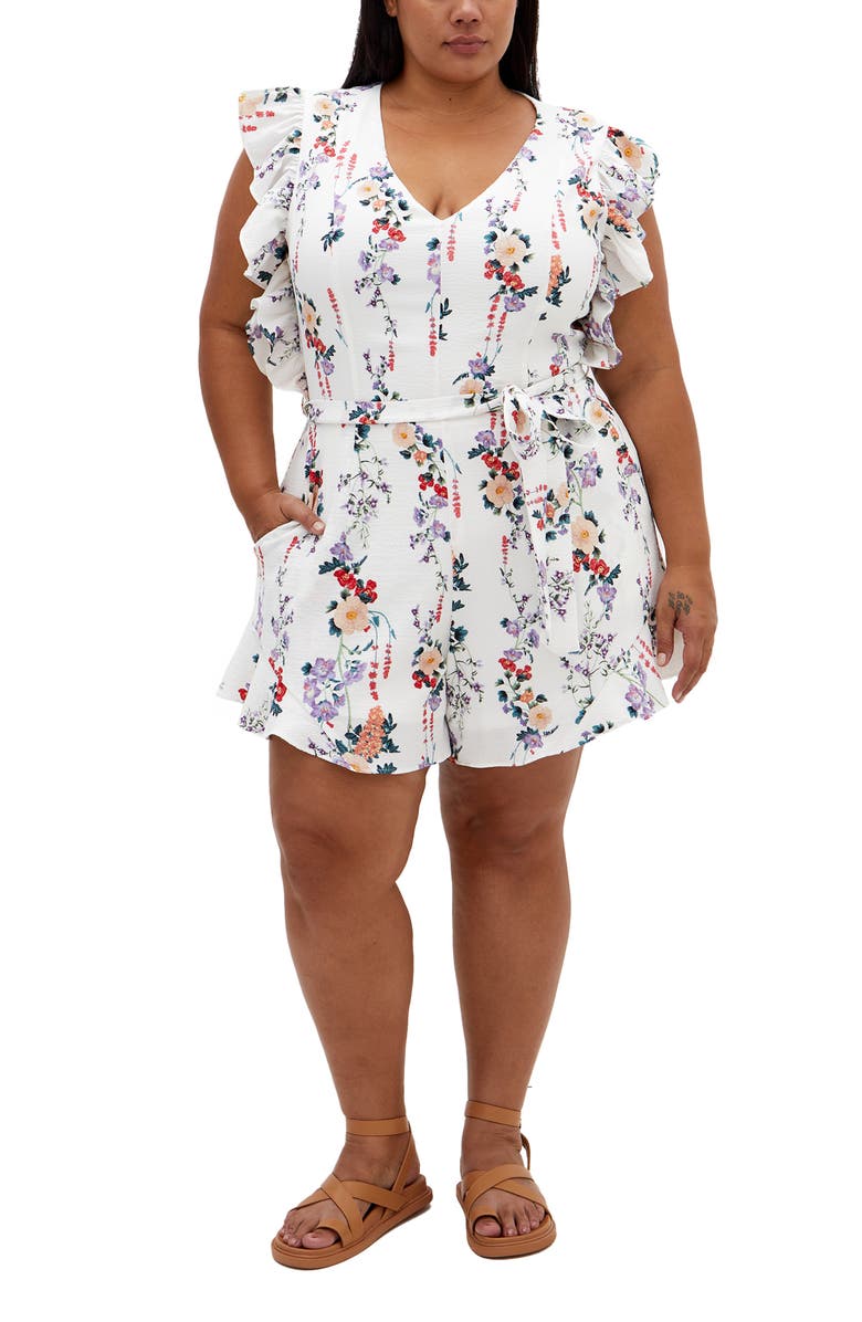 City Chic Fay Flutter Sleeve Tie Belt Romper, Main, color, Floral