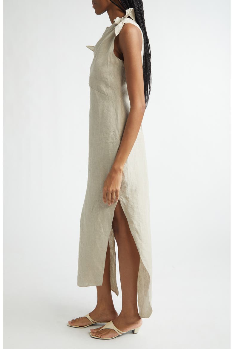 Rosette Cutout Asymmetric Linen Gown, Alternate, color, BEIGE BEI