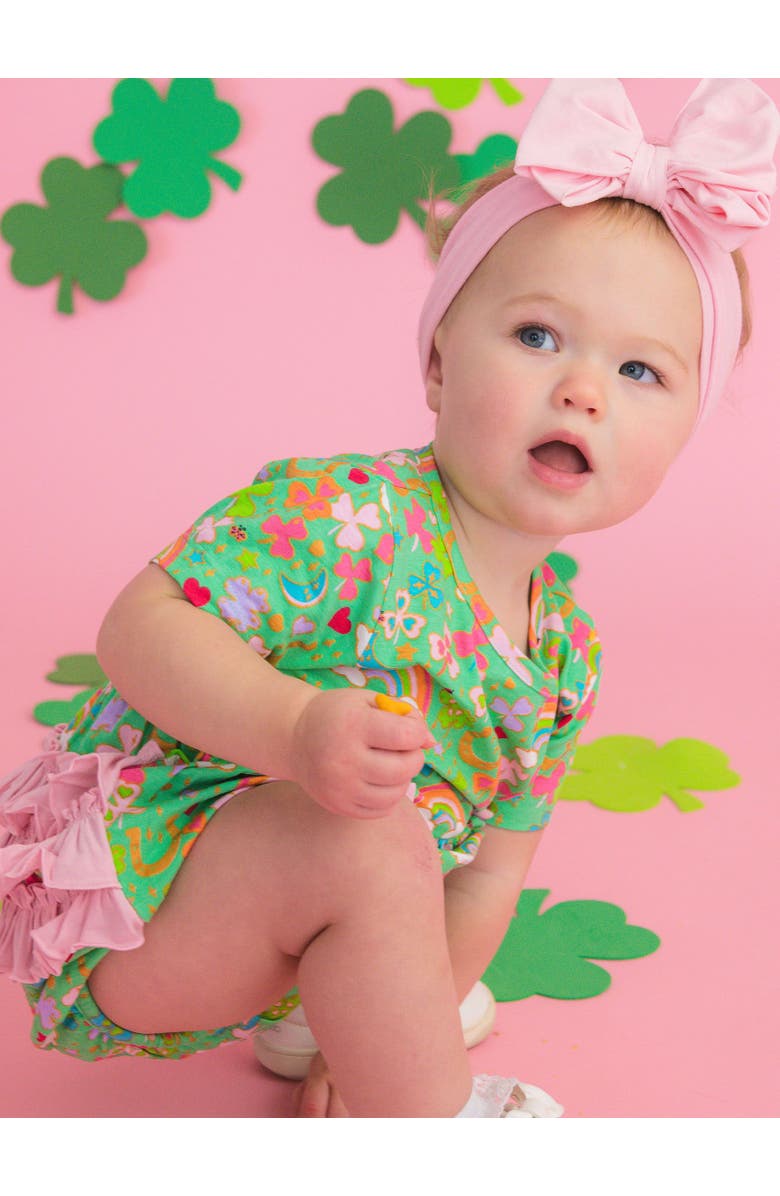 RuffleButts Knit Short Sleeve Bow Bubble Romper, Alternate, color, Green Lucky Day
