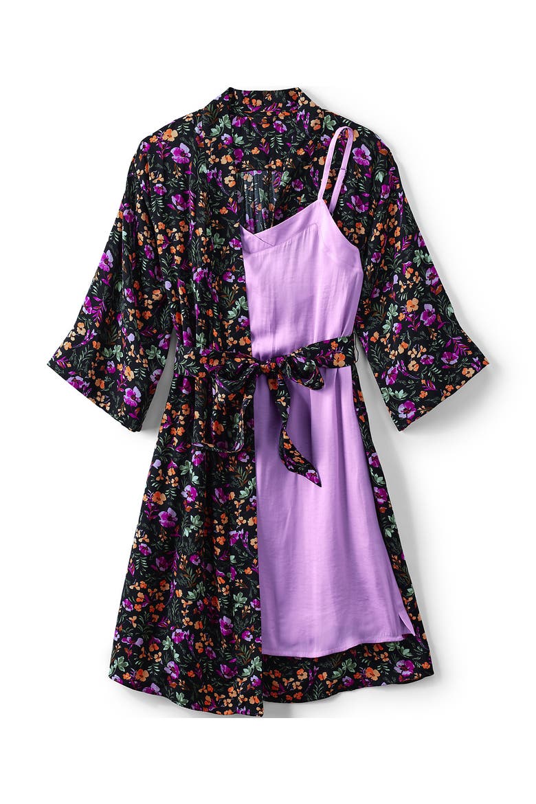 Matte Satin 2 Piece Pajama Set - Nightgown and Robe, Alternate, color, Black Large Watercolor Floral