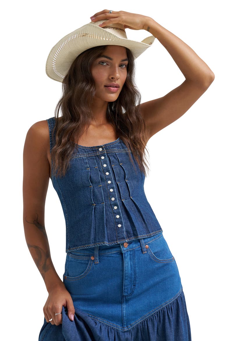 Pleated Denim Corset Tank, Alternate, color, LONE RIDER