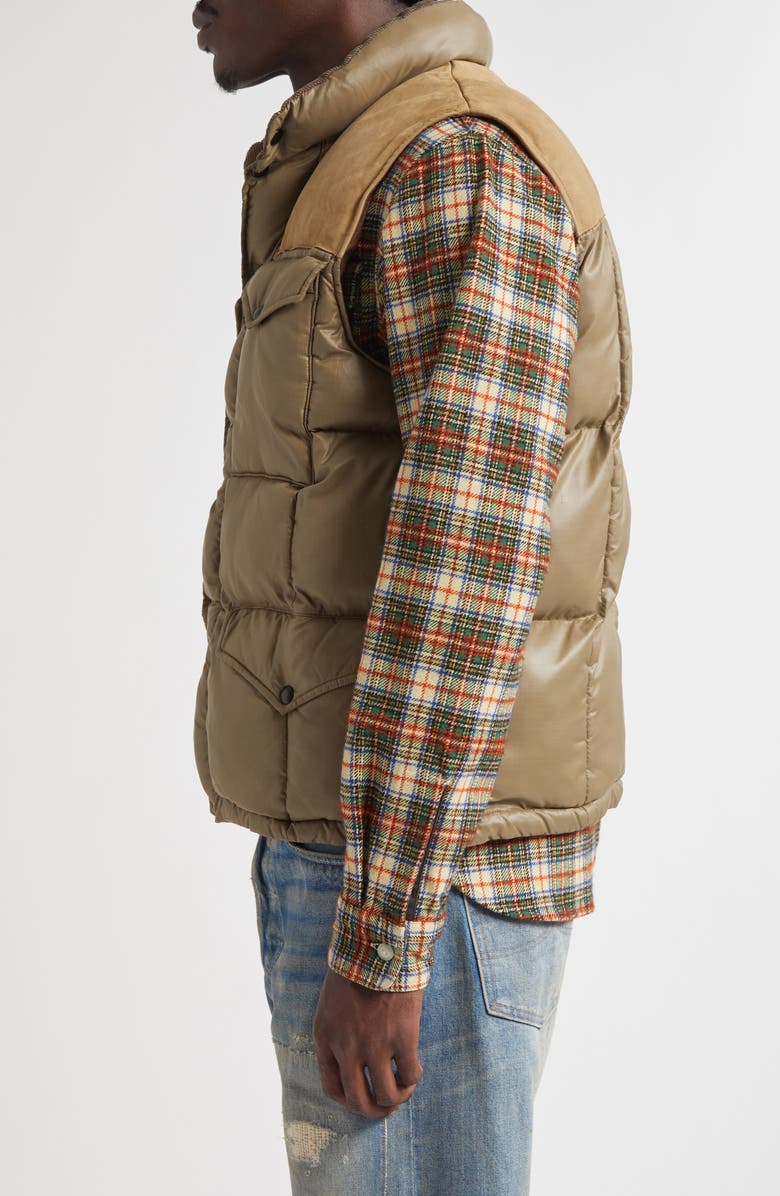 Double RL Leather Yoke Recycled Nylon Ripstop Puffer Vest, Alternate, color, Vintage Olive