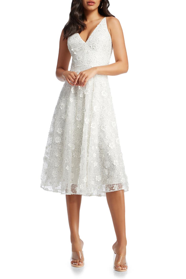 Elisa Floral Appliqué Sequin Fit & Flare Dress, Main, color, IVORY