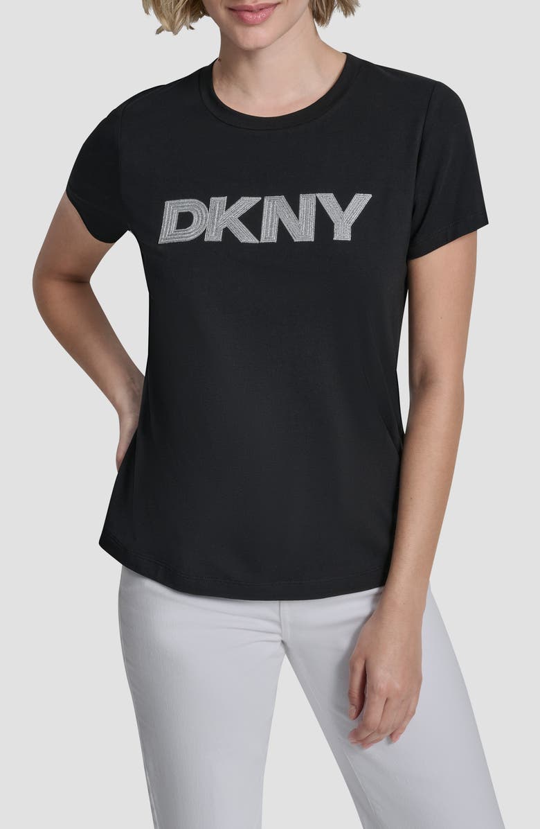 DKNY Metallic Embroidered Cotton T-Shirt, Main, color, Black