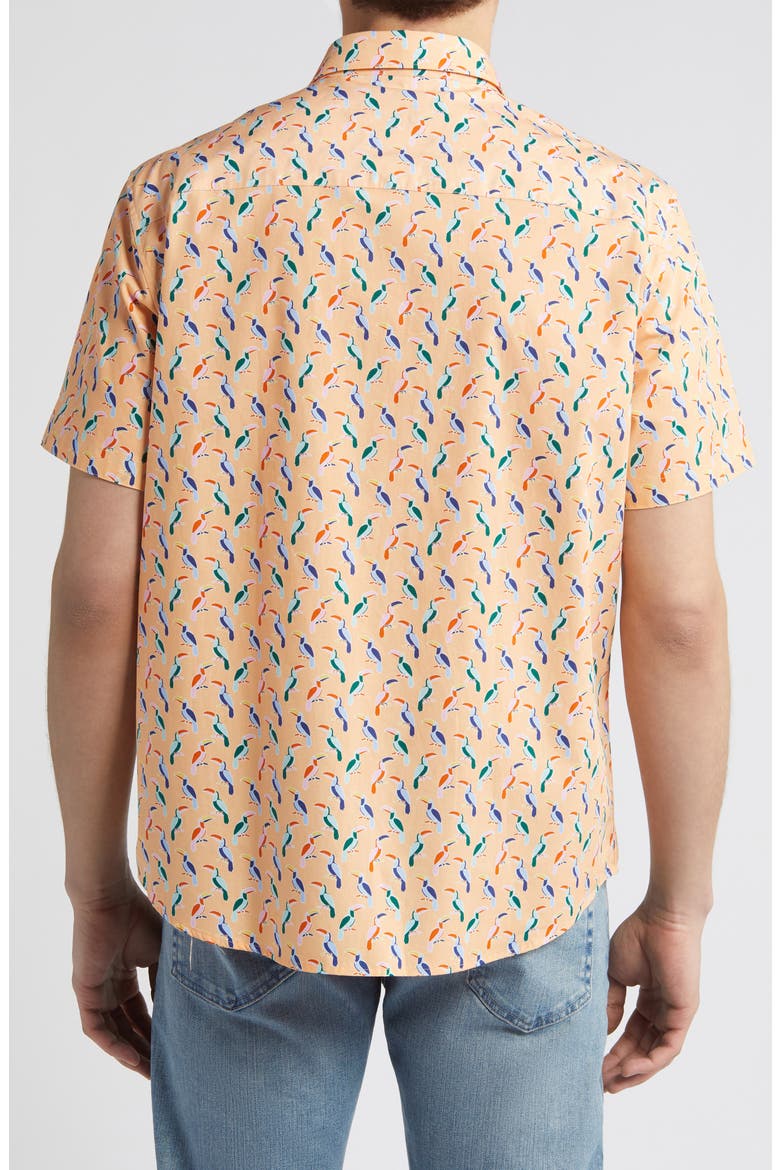 Toucan Print Short Sleeve Cotton Button-Down Shirt, Alternate, color, MELON