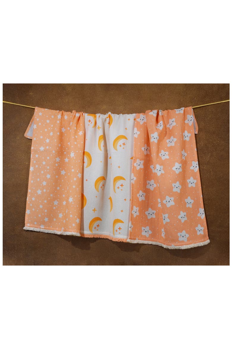 The Celestial Set of 3 Cotton Waffle Kitchen Towels, Alternate, color, PEACH/ CREAM / GOLD