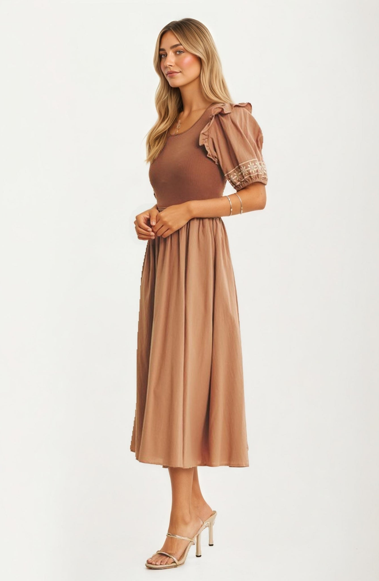 Knit and Lounge Embroidered Detail Puff Sleeve Midi Dress, Alternate, color, 