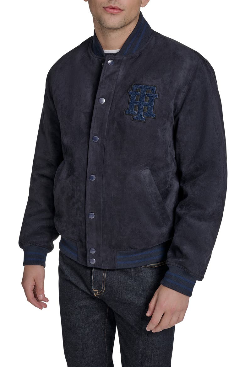 Faux Suede Varsity Bomber Jacket, Alternate, color, NAVY